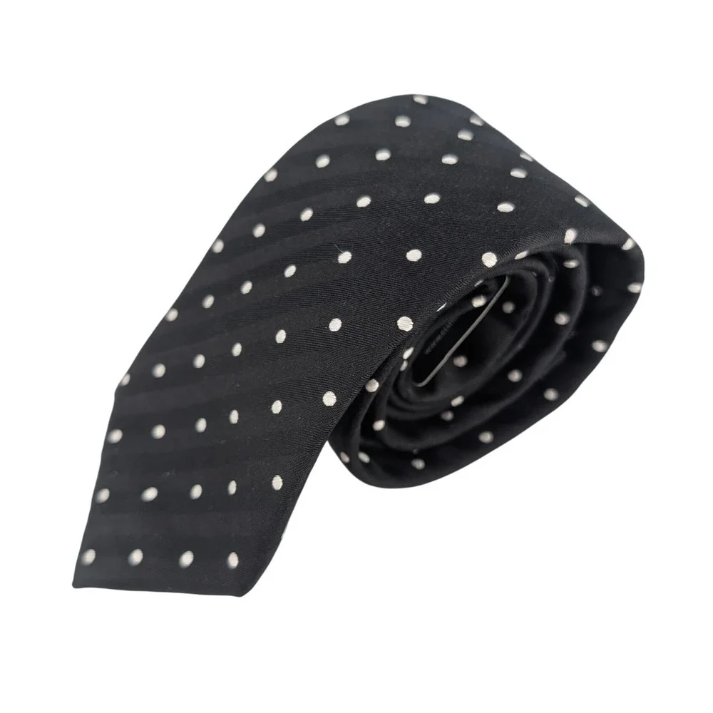 Charles Tyrwhitt Silk Woven Tie Black Herringbone Polka Dot Classic Timeless
